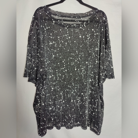 Shein Curve Sheer Black Shirt w Sparkle Stars/Astronomy Pattern, XL - Picture 2 of 4